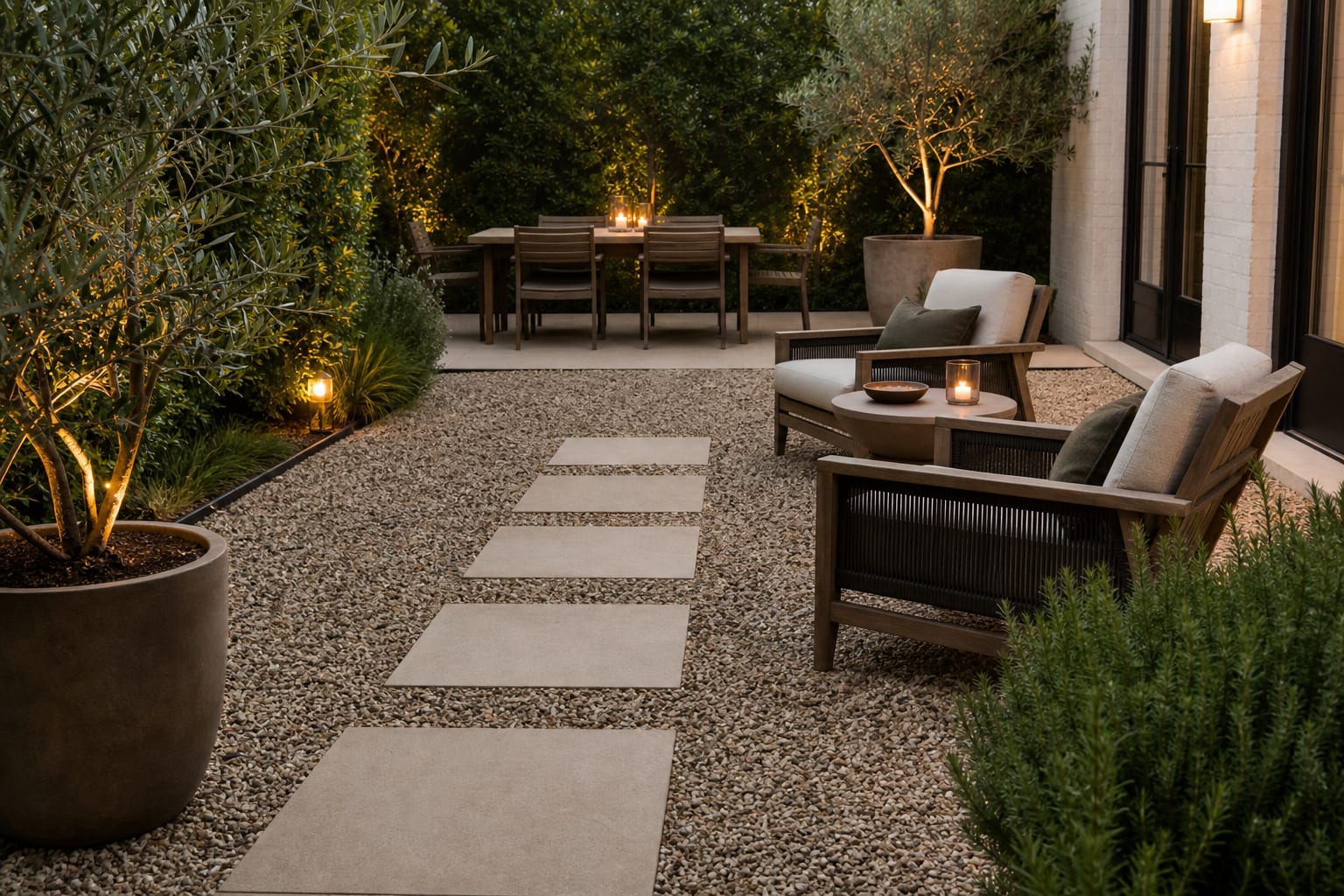 pea gravel patio with steel edging, large paver stepping pads, olive planters, low lounge chairs, and warm path lighting