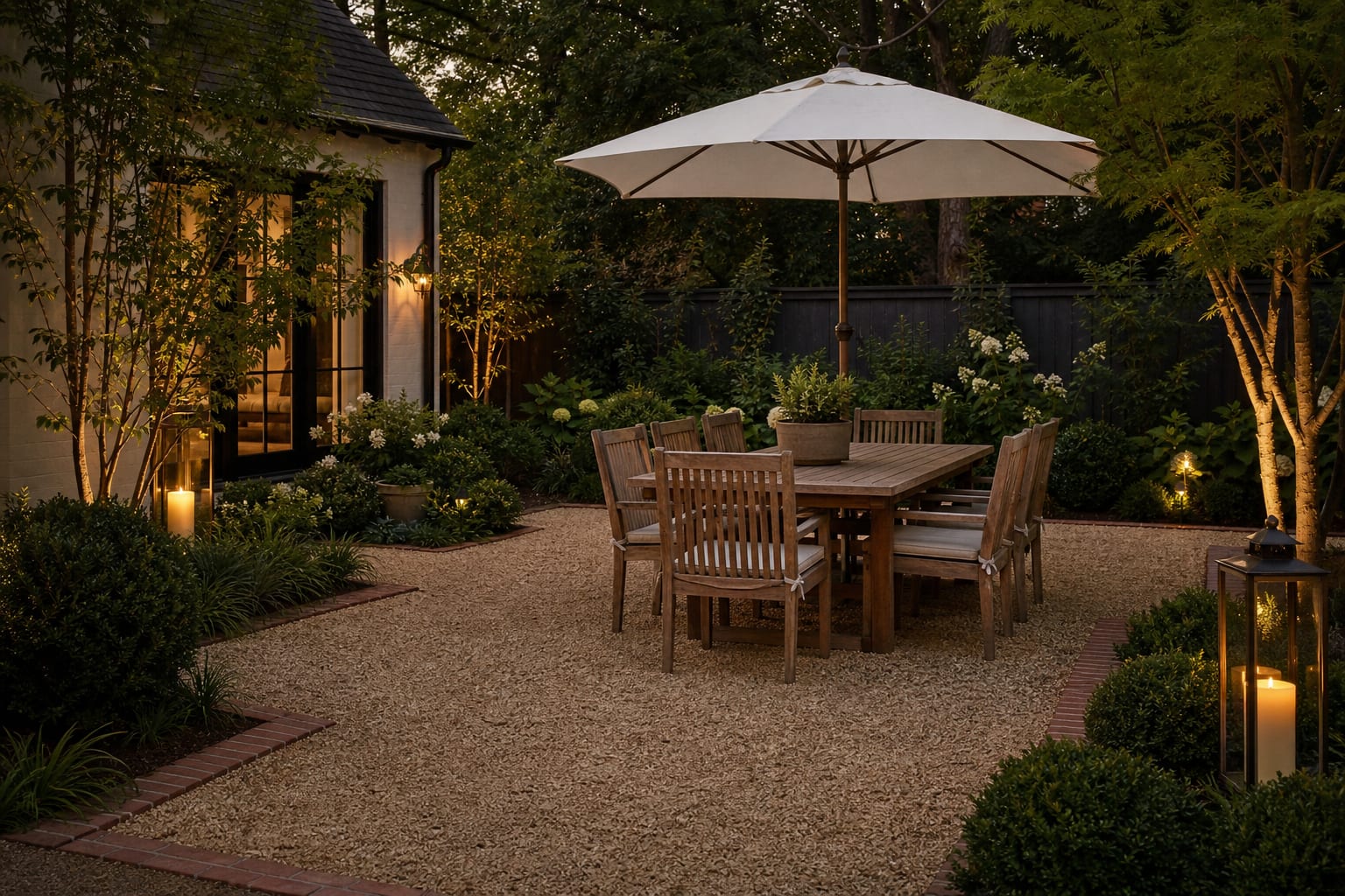 gravel dining patio with compacted crushed stone, brick border, wood table, shade umbrella, and planted edges