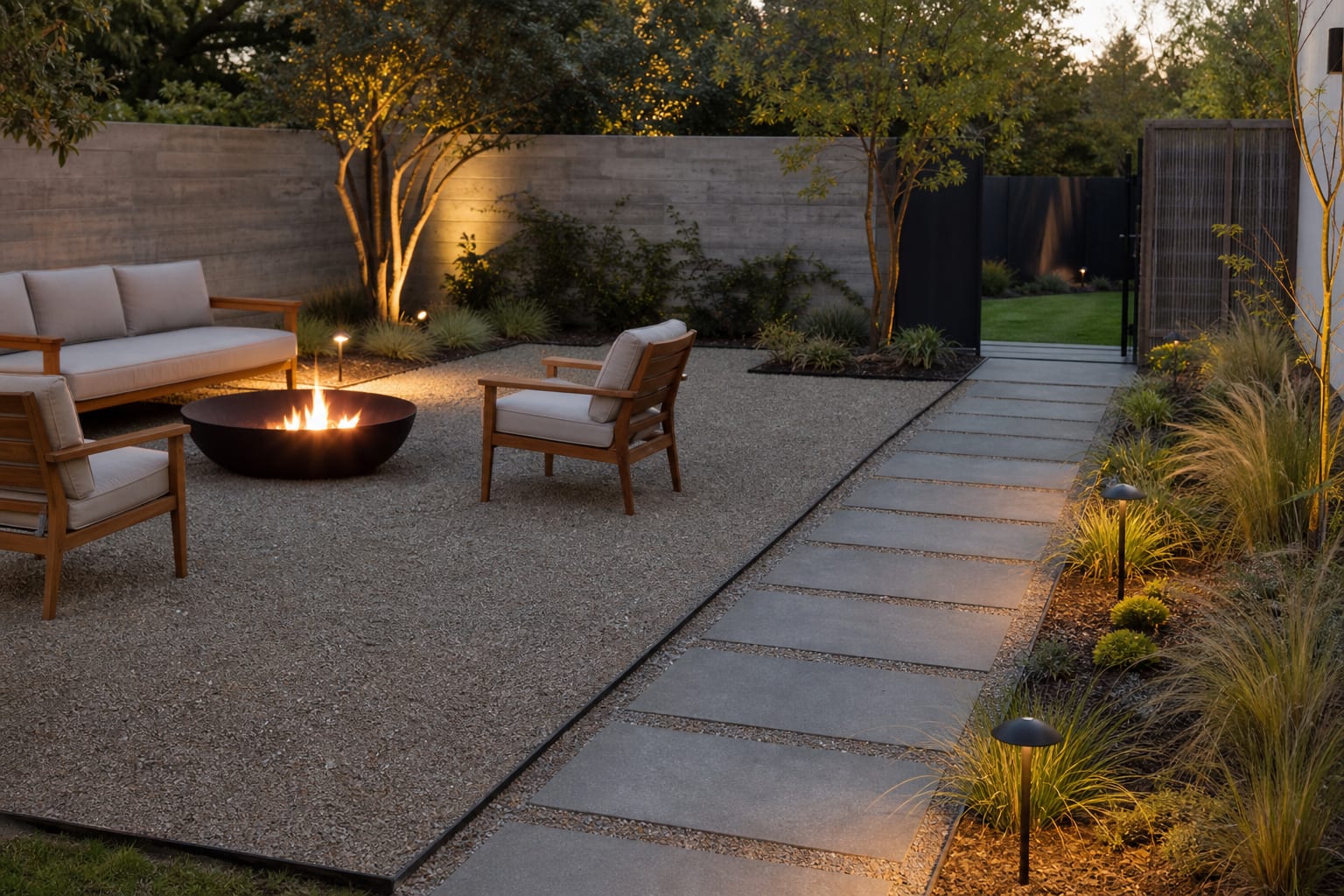 crushed gravel patio with square paver walkway, black steel edging, drought tolerant planting, and shielded path lights