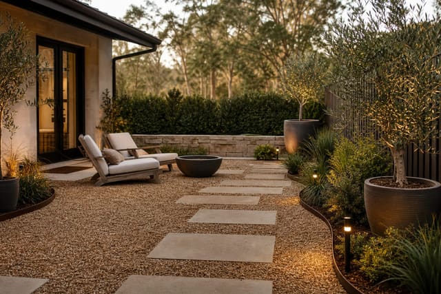 pea gravel patio with steel edging, large paver stepping pads, olive planters, low lounge chairs, and warm path lighting