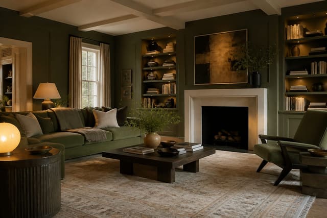 Green Living Room Ideas in a living room, shown as a warm editorial Re-Design concept