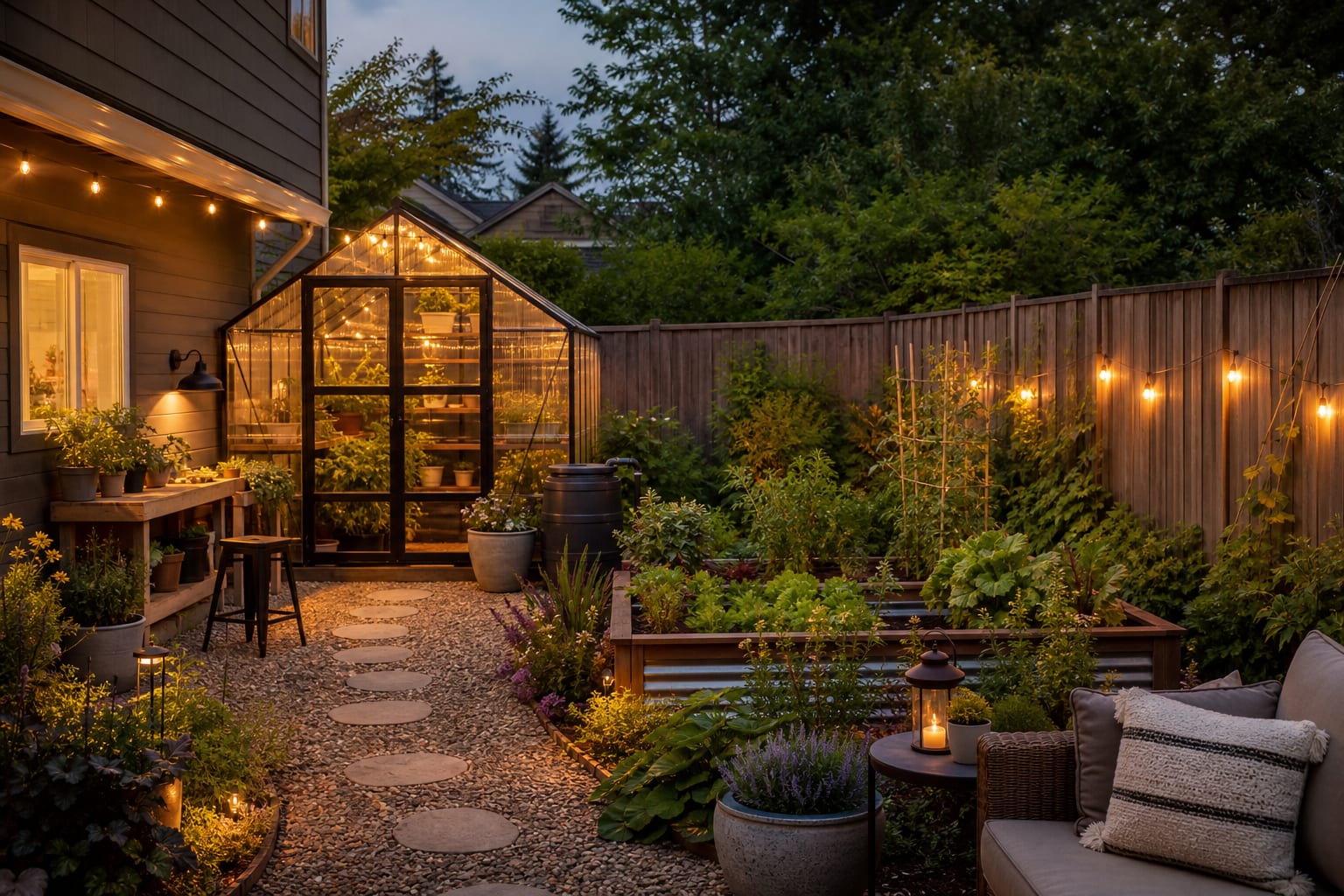 same corner with a compact greenhouse, gravel path, raised beds, rain barrel, and layered planting around the structure