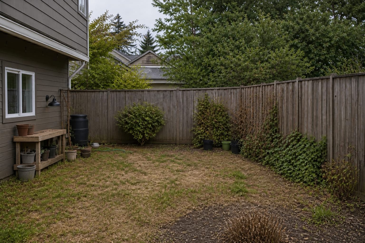 unused backyard corner with patchy grass, scattered pots, tool clutter, and no greenhouse or garden path