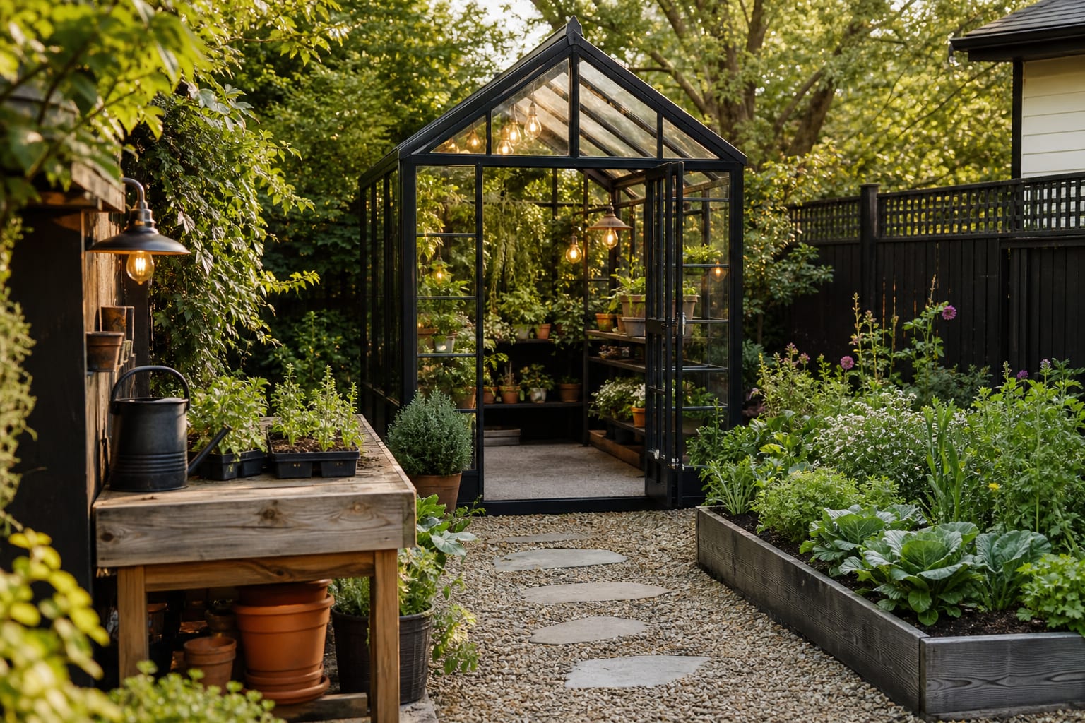 compact backyard greenhouse with gravel path, potting bench, seed trays, and raised beds beside a small garden fence