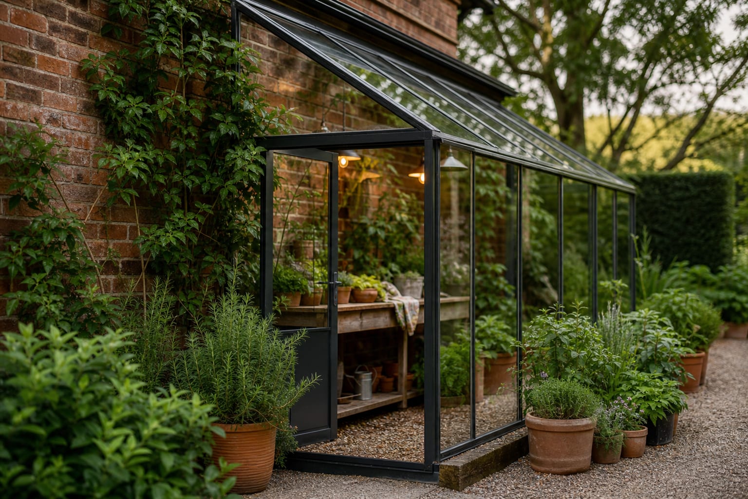 lean-to greenhouse against a brick garden wall with gravel floor, narrow potting bench, and herbs arranged near the door