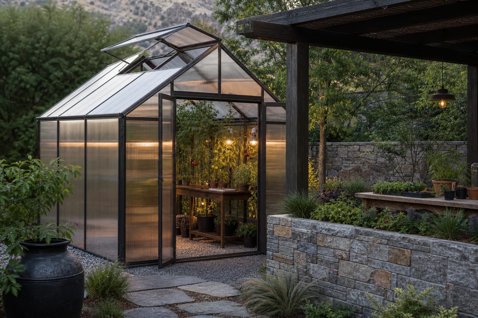 freestanding polycarbonate greenhouse with open roof vent, gravel floor, tomato supports, seed trays, and shaded work bench