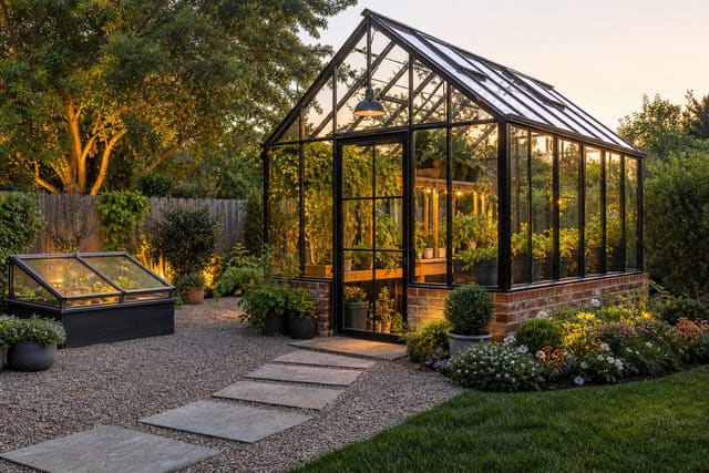 Greenhouse Ideas: From Small Cold Frame to Full Structure shown as a photorealistic outdoor redesign with layered materials, planting, lighting, and clear circulation