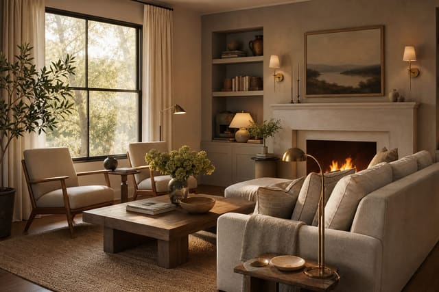 greige living room with cream curtains, warm brass lamps, woven texture, and a wood coffee table adding softness