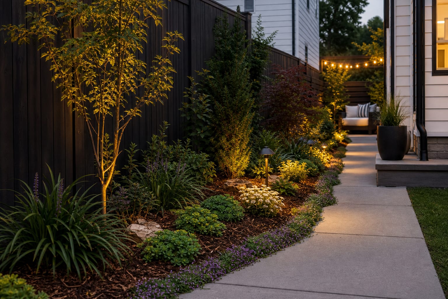 The same garden strip planted with creeping thyme, sedum, liriope, and mulch knitting around a clean stone path.