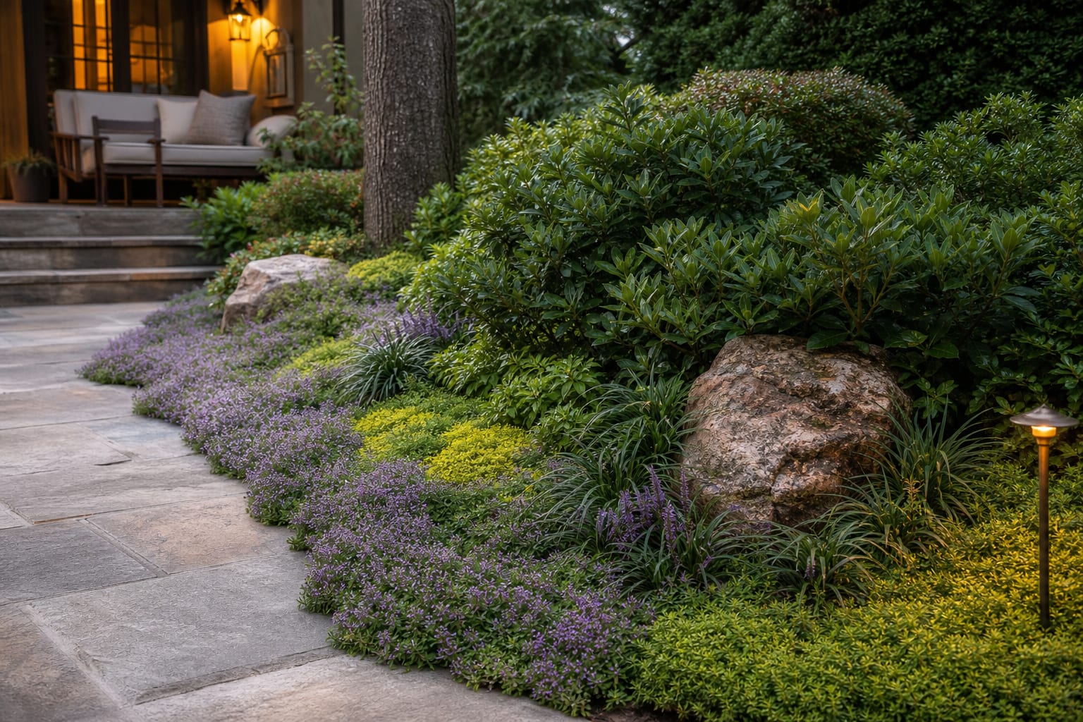 layered low ground covers replacing patchy grass beside a stone path, with thyme, sedum, and liriope knitting around shrubs