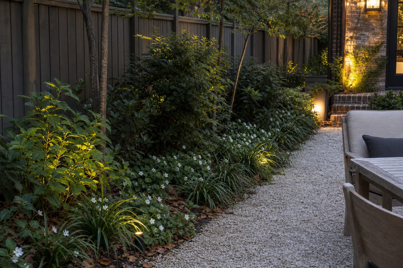 shade garden bed using liriope, violets, and leaf mulch below shrubs along a fence with a clear gravel path