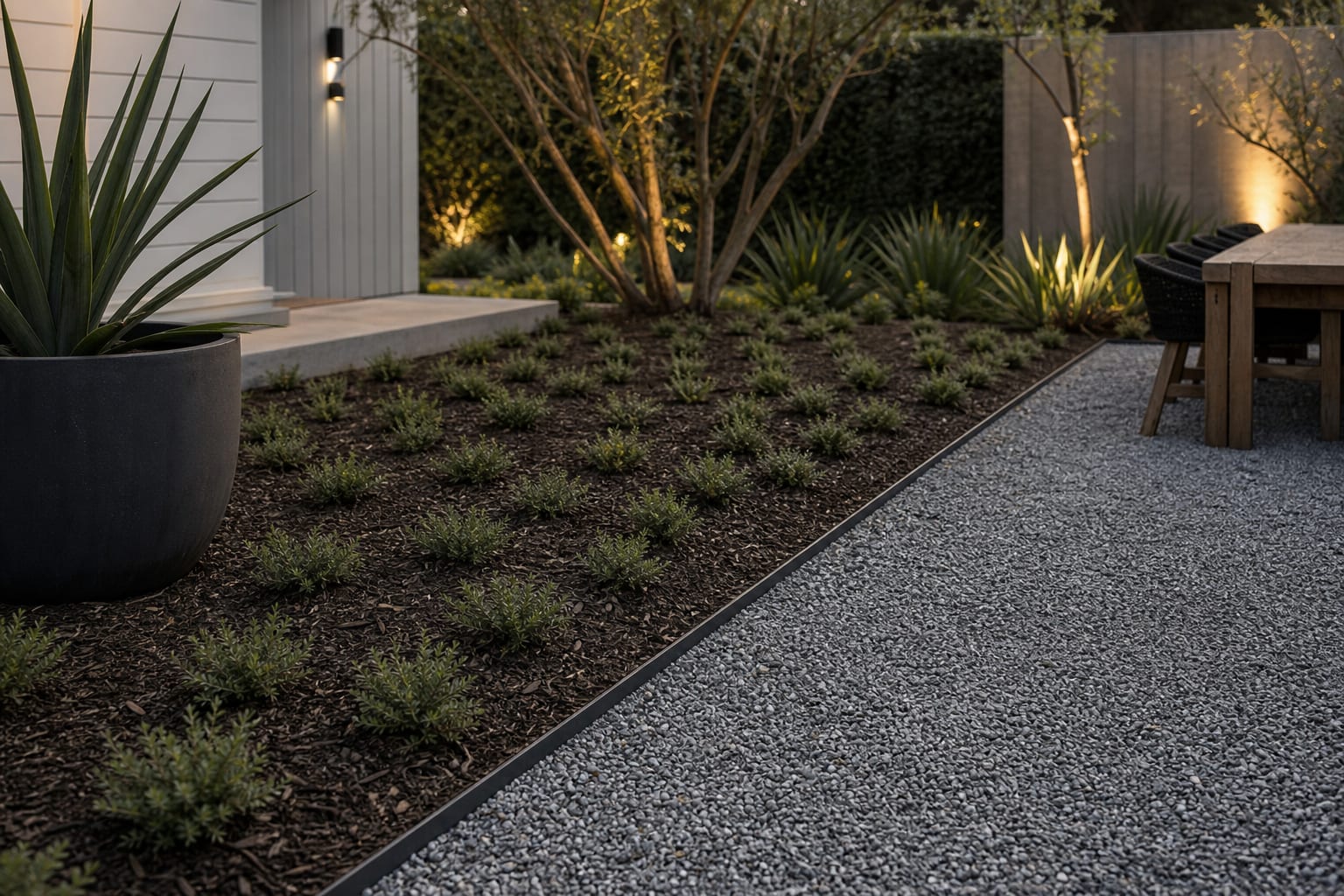 newly planted ground cover plugs in staggered spacing with mulch between plants and a clean metal edge along gravel