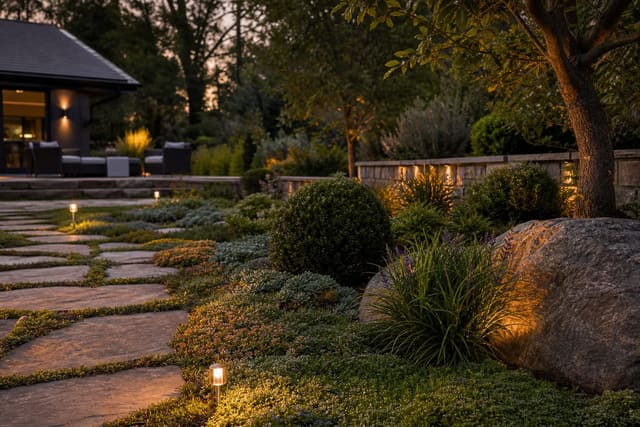 layered low ground covers replacing patchy grass beside a stone path, with thyme, sedum, and liriope knitting around shrubs