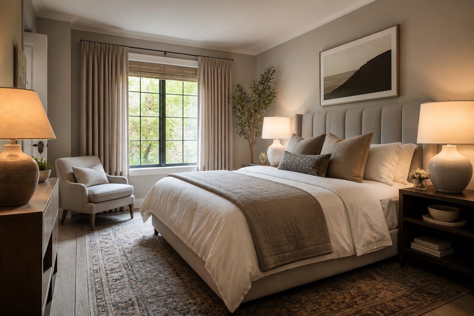 Editorial interior photograph showing guest bedroom ideas in a real guest bedroom, with welcoming guest-bedroom materials, layered warm lighting, functional furniture placement, and a magazine-quality residential composition.