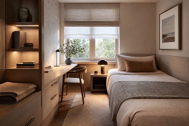 compact guest bedroom with a slim desk near the window, folded bedding storage, warm lamp light, and a calm work wall