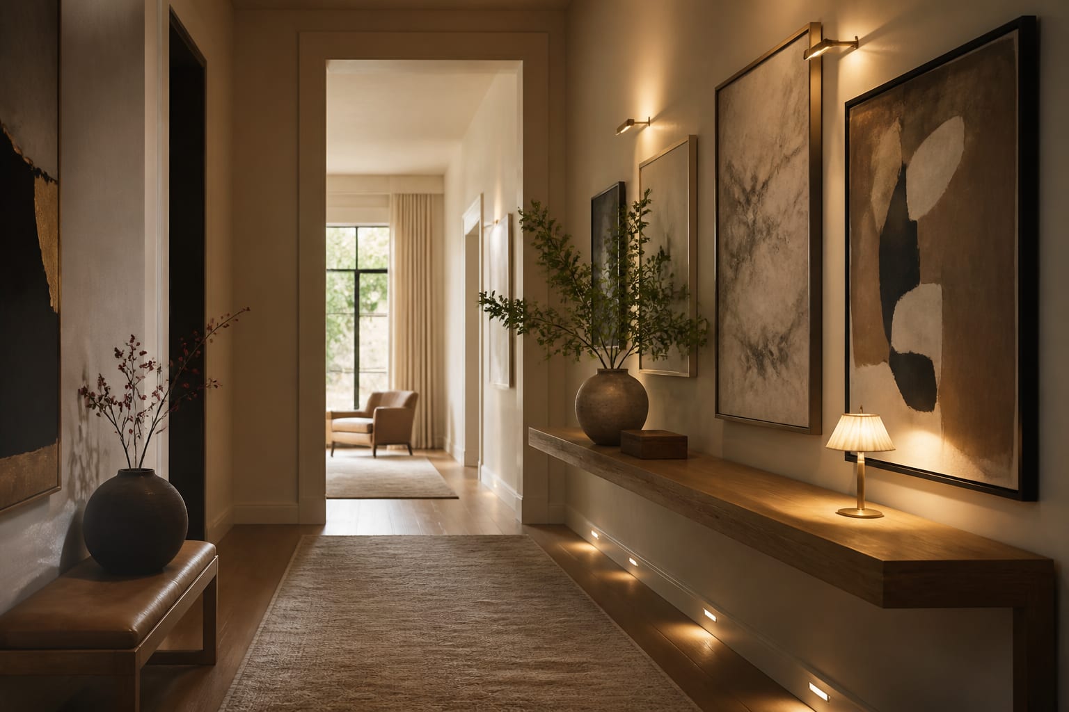 Hallway Art Ideas in a residential hallway gallery, shown as a warm editorial Re-Design concept