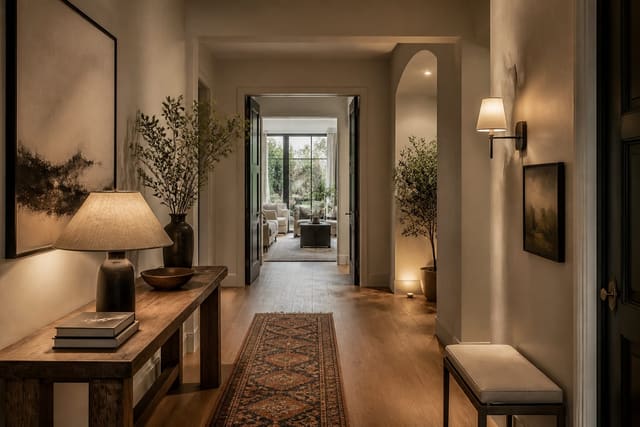 Editorial interior photograph showing hallway design ideas that make passing through a pleasure in a real hallway, with warm residential materials, layered lighting, functional furniture placement, and a magazine-quality composition.