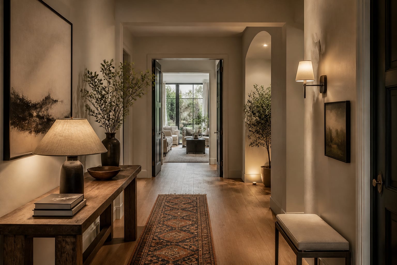 Editorial interior photograph showing hallway design ideas that make passing through a pleasure in a real hallway, with warm residential materials, layered lighting, functional furniture placement, and a magazine-quality composition.