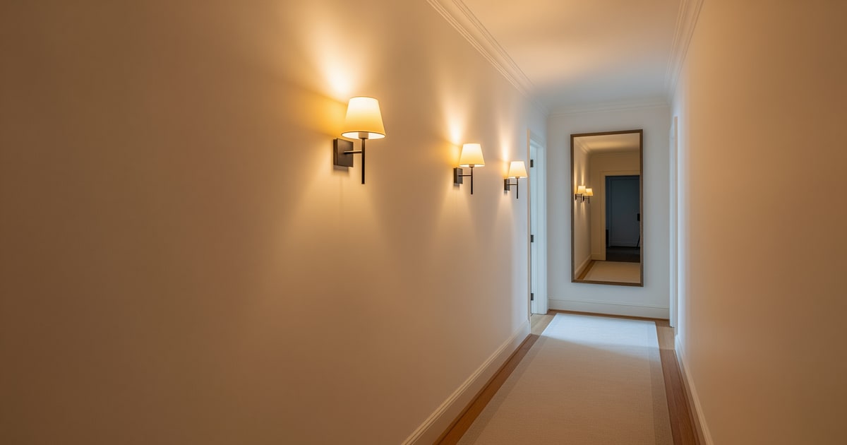 A narrow windowless hallway lit by three warm wall sconces and a terminating mirror