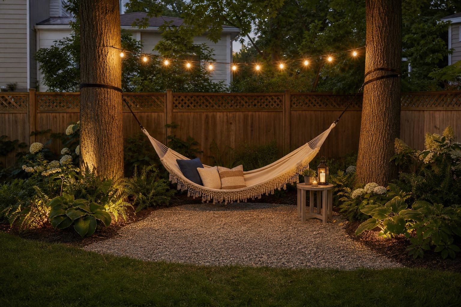 same backyard corner with a fabric hammock, gravel pad, layered planting, small table, and soft evening lights