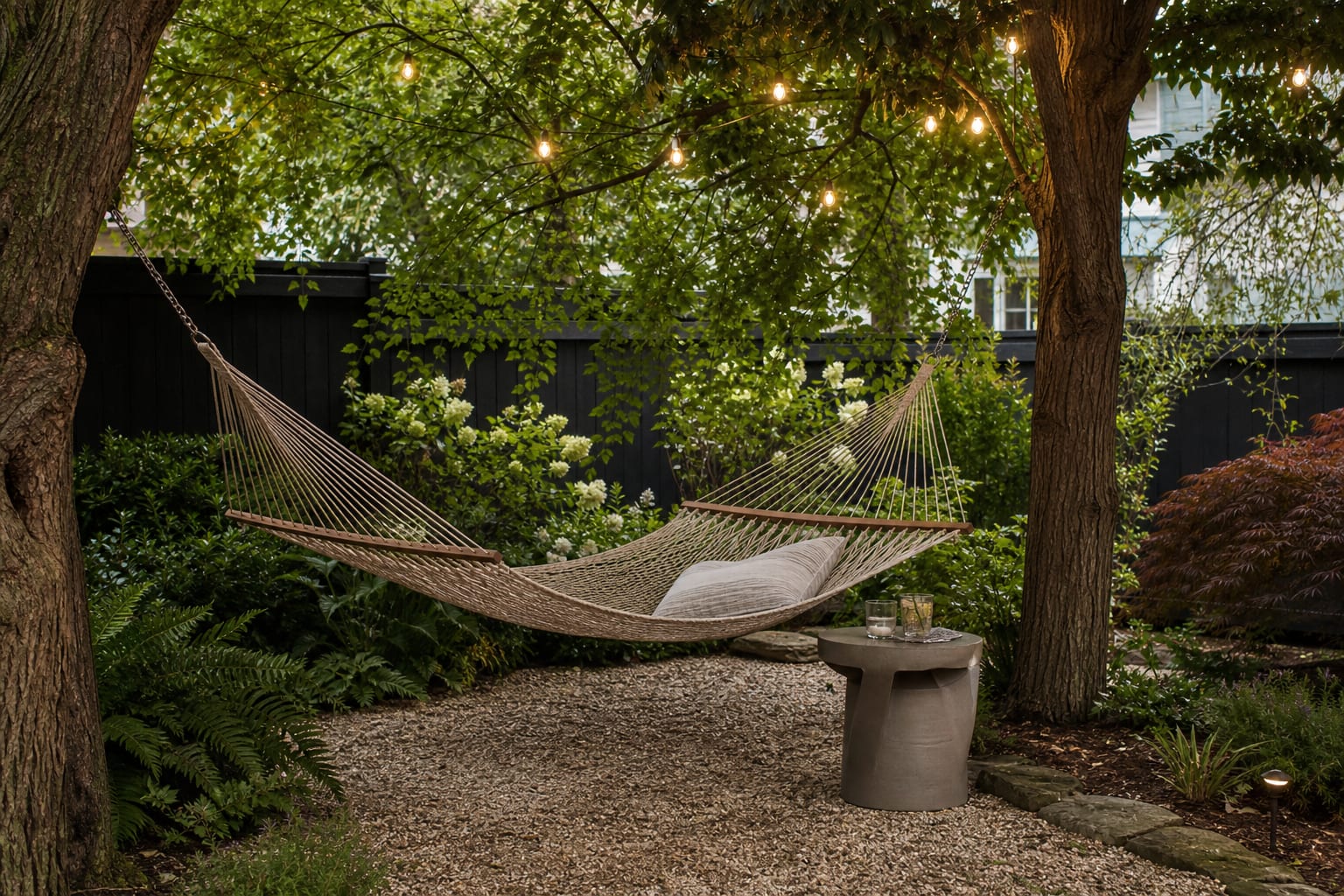 backyard hammock hung between mature trees with gravel underfoot, layered planting, side table, and warm string lights
