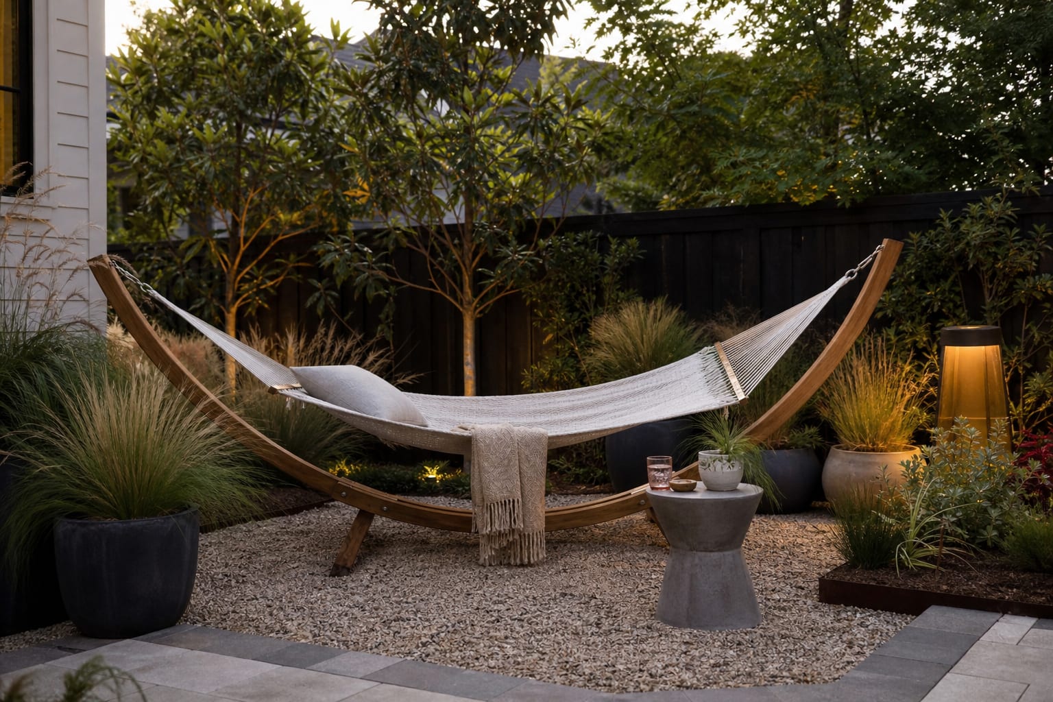 freestanding hammock on a compact backyard gravel pad with potted grasses, side table, and shaded fence planting