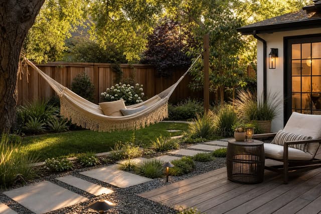 Hammock Ideas: Backyard Hammock Ideas for Hanging and Decorating Around a Hammock shown as a photorealistic outdoor redesign with layered materials, planting, lighting, and clear circulation