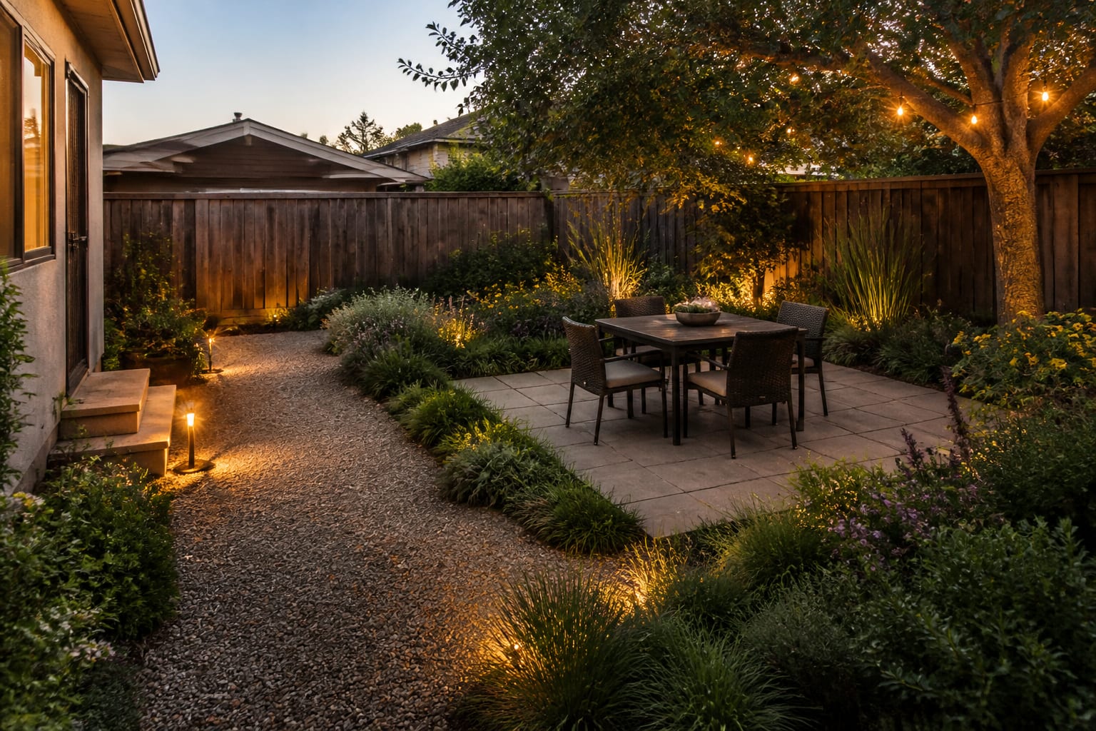 Same backyard rebalanced with a right-sized patio framed by deep planted borders after redesign