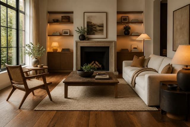 Hardwood Floor Refinishing Cost: DIY vs Hiring a Pro, shown as warm editorial Re-Design interior photography with layered materials and lighting