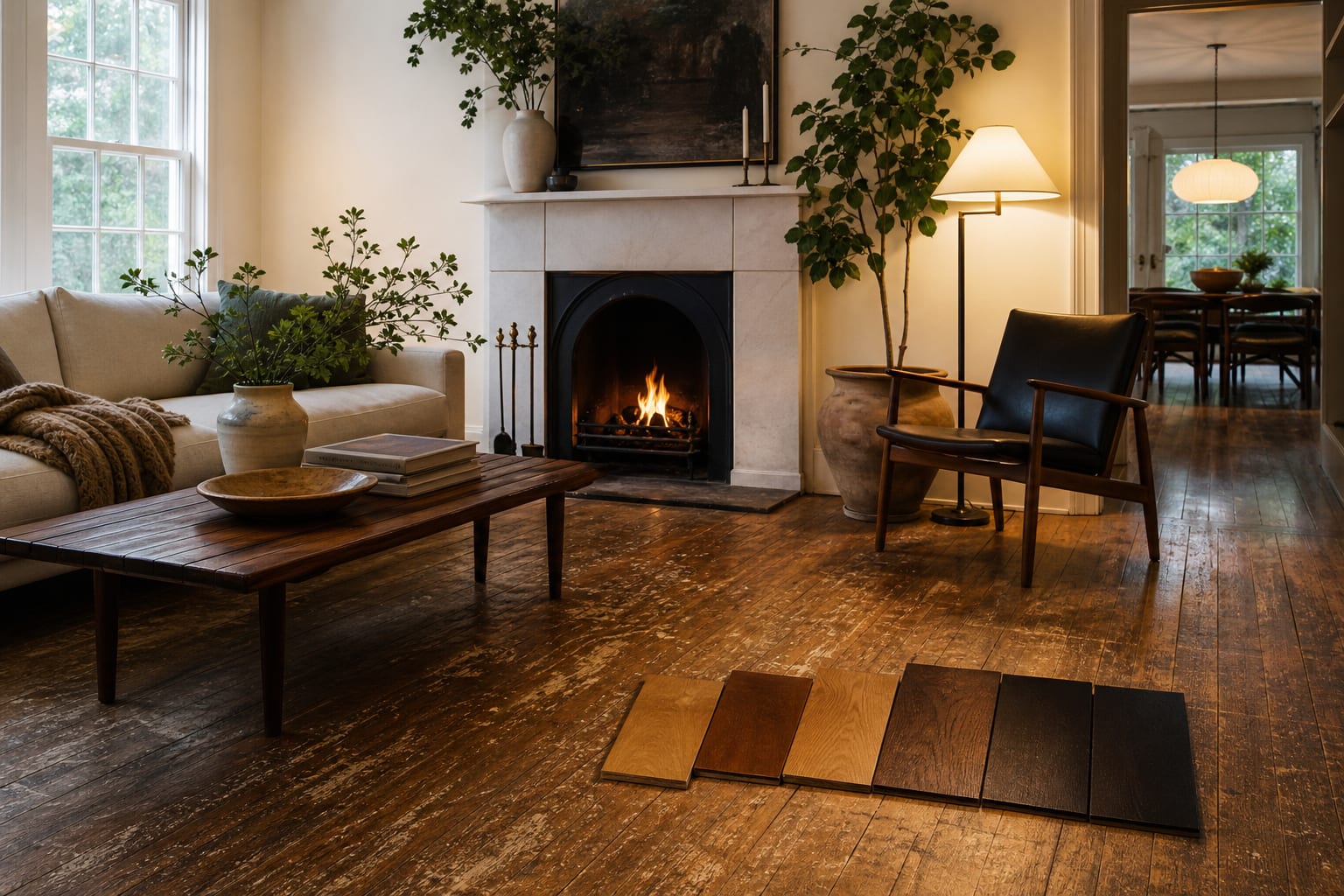 old hardwood floor with worn finish beside fresh stain samples in a bright living room with simple furniture