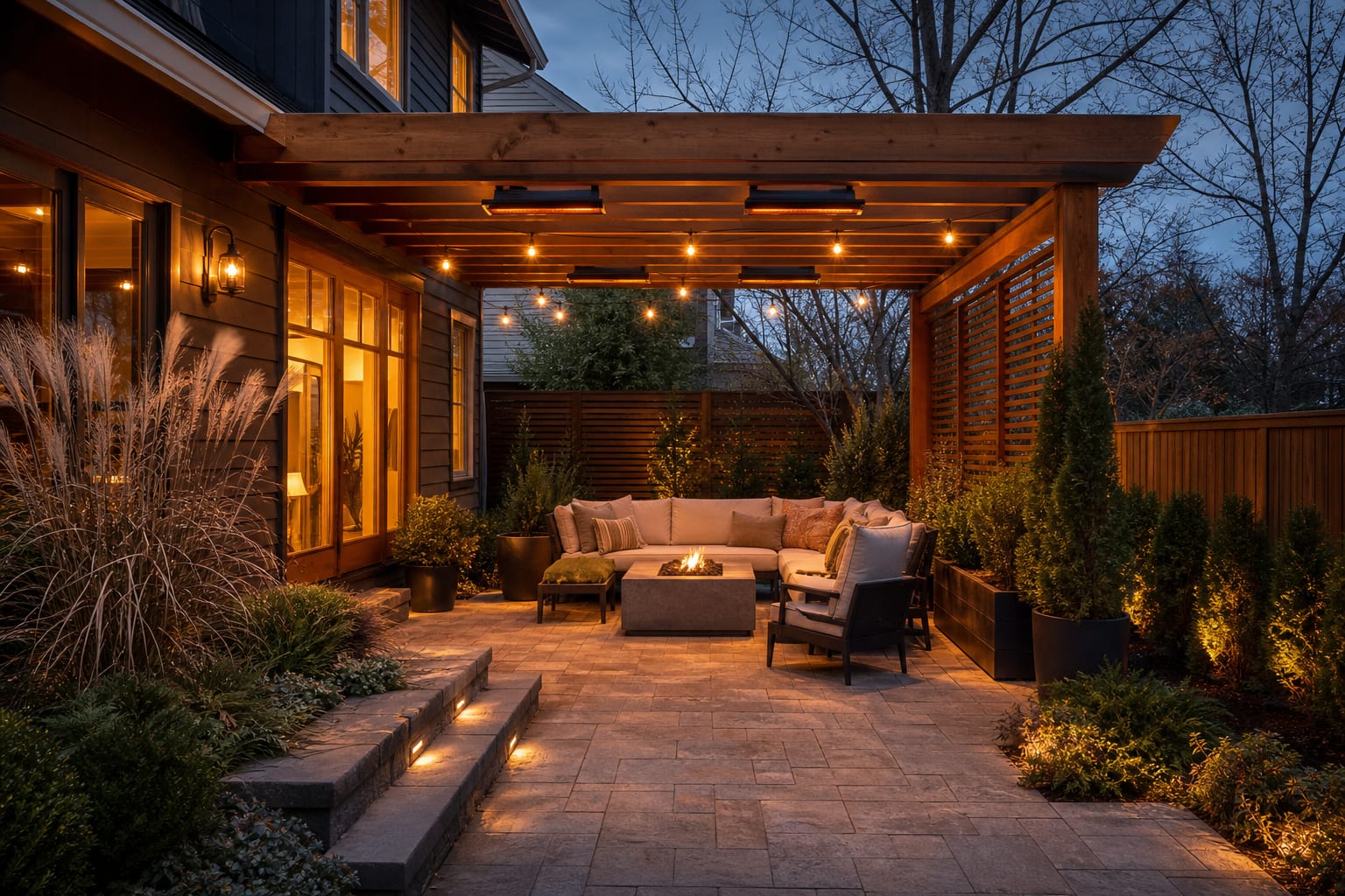 same pergola patio angle with slim overhead heaters, layered outdoor seating, warm lighting, side screening, and pale textured paving.