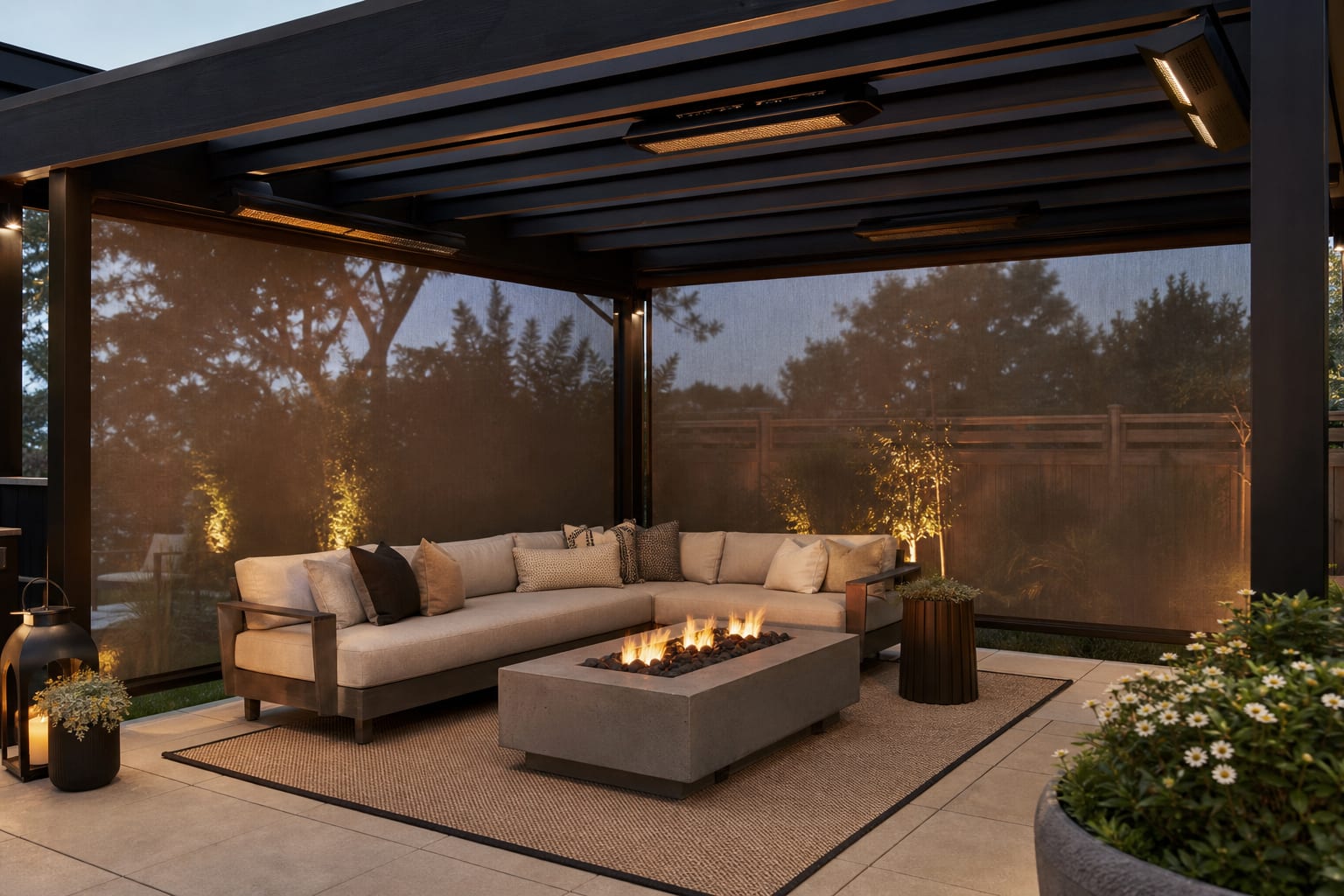 pergola lounge with black beam heaters, wind screen panels, fire table, textured outdoor rug, and warm low-voltage lighting