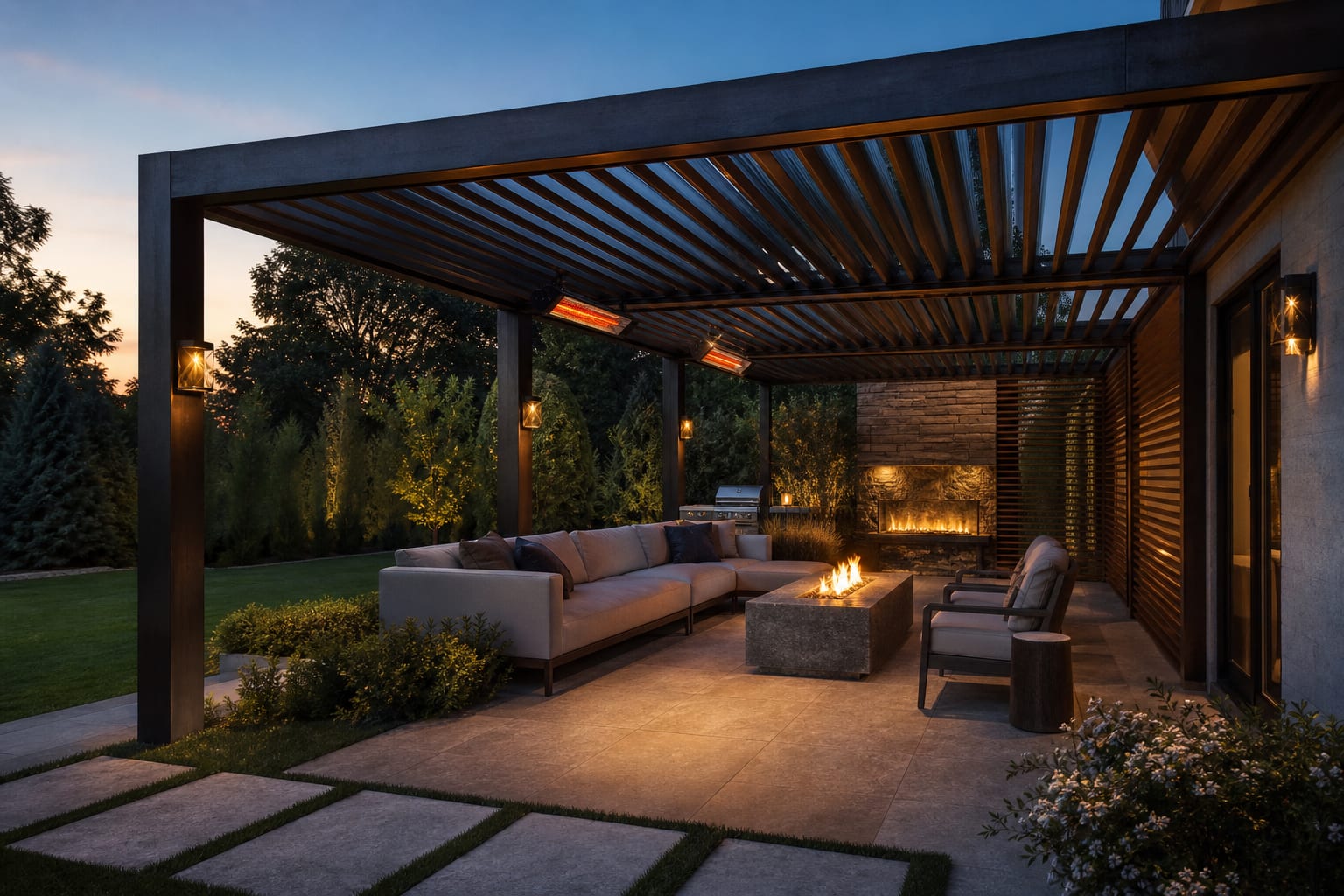 AI preview of the same pergola comparing overhead heaters, a fire table, side screening, and warm evening lighting