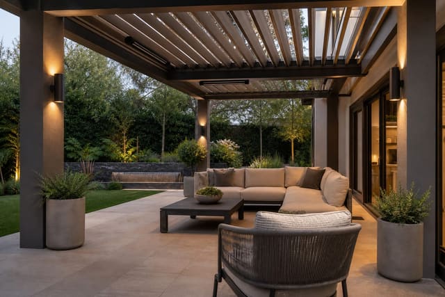 covered patio pergola with slim black infrared heaters, warm sconces, pale paving, and weatherproof lounge furniture