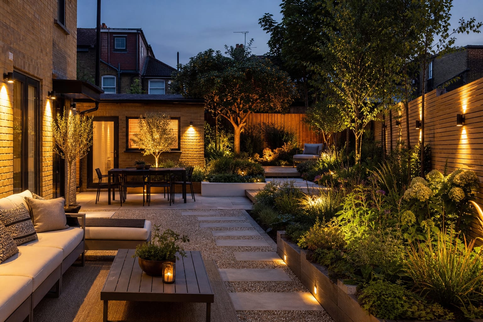 same patio angle redesigned with terracotta herb containers, gravel drainage strip, clipped thyme, rosemary, basil, and mint in its own pot.