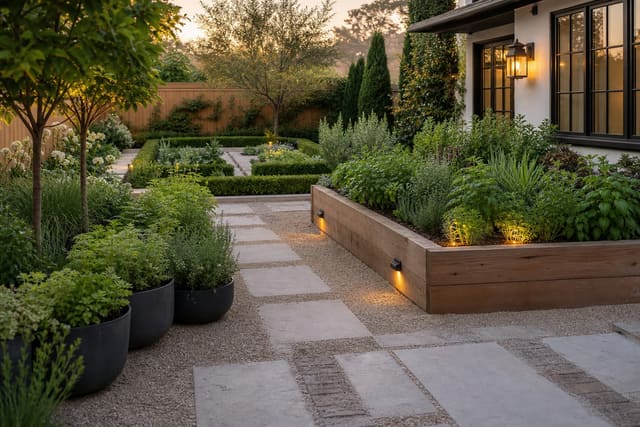 Herb Garden Ideas: Container, Raised Bed, and Formal Potager shown as a photorealistic outdoor redesign with layered materials, planting, lighting, and clear circulation