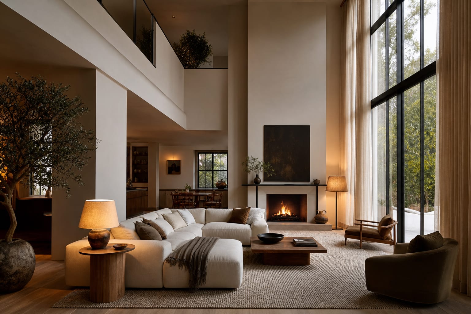 double height living room grounded by a large wool rug, low sectional, tall linen curtains, and warm layered lamps