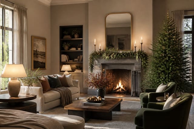 Holiday Living Room Decor Ideas: Festive Without the Kitsch, shown as warm editorial Re-Design photography with believable residential scale, no overlaid text, no watermark