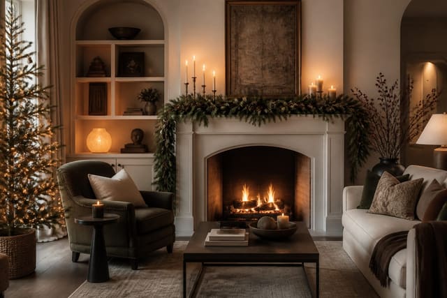 Holiday Mantel Decorating Ideas: From Minimal to Maximalist, shown as warm editorial Re-Design photography with believable residential scale, no overlaid text, no watermark
