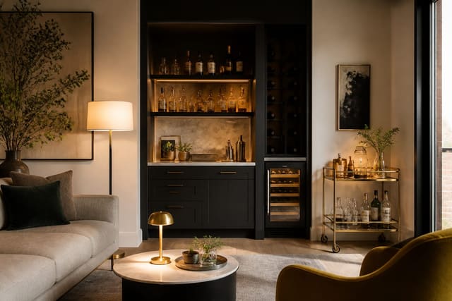 Home Bar Design Ideas, From a Simple Cart to a Built-In, shown as warm editorial Re-Design photography with believable residential scale, natural light, clear material detail, no overlaid text, no watermark