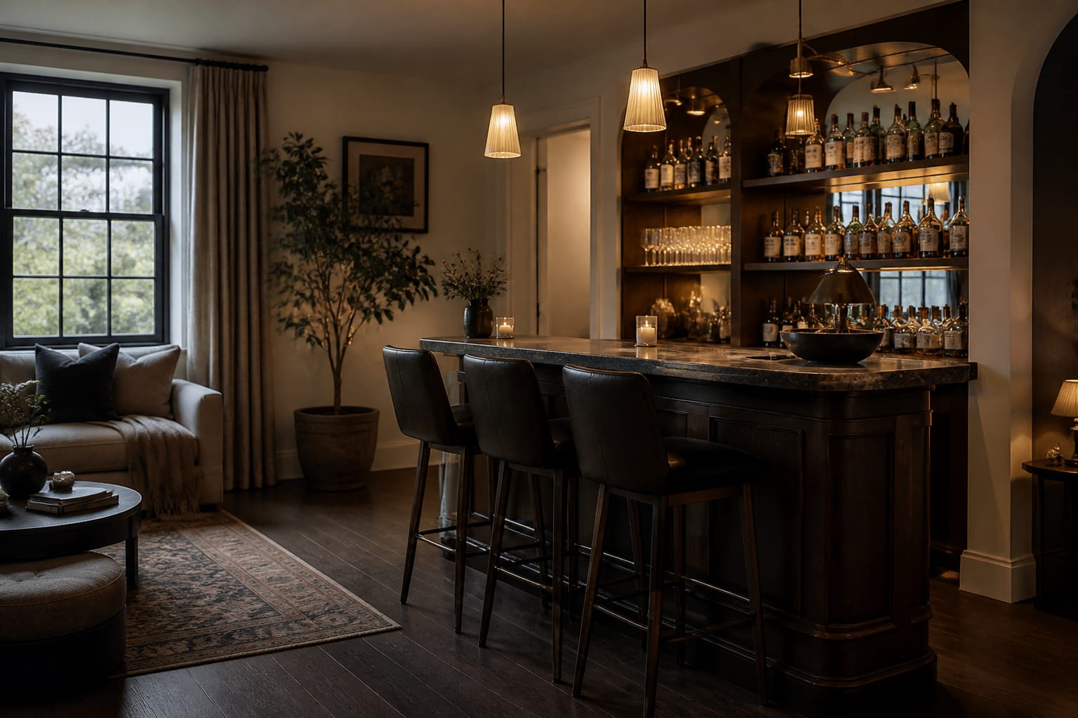 Editorial interior photograph showing home bar ideas: build a stylish bar at home in a real home bar, with warm residential materials, layered lighting, functional furniture placement, and a magazine-quality composition.