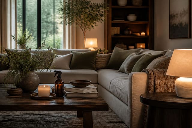 Linen Spray and Candle Home Fragrance: The Scent Layer of Interior Design, shown as warm editorial Re-Design photography with believable residential scale, no overlaid text, no watermark