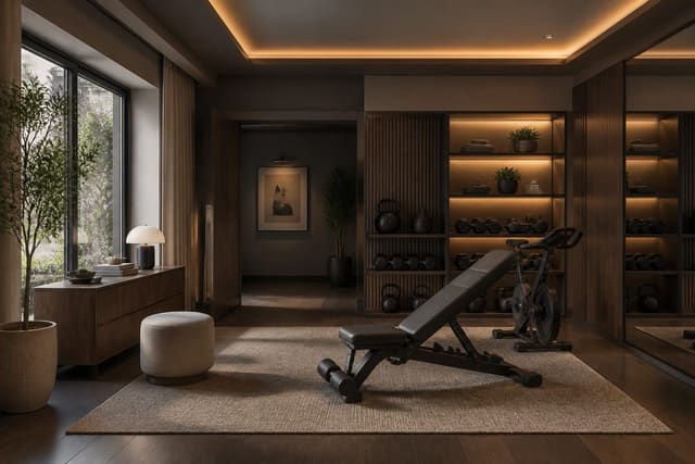 Editorial interior photograph showing home gym ideas that actually make you train in a real home gym, with warm residential materials, layered lighting, functional furniture placement, and a magazine-quality composition.