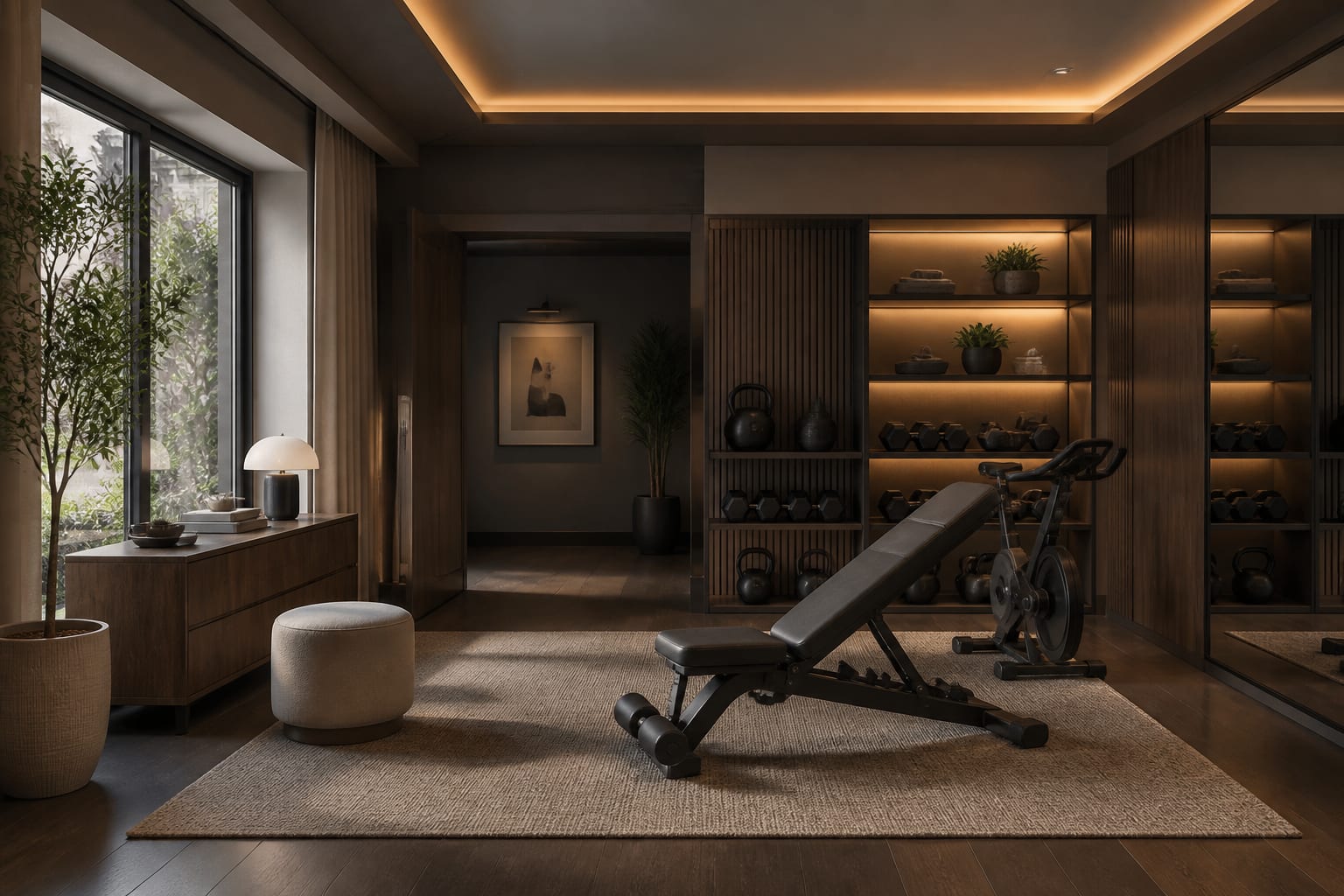Editorial interior photograph showing home gym ideas that actually make you train in a real home gym, with warm residential materials, layered lighting, functional furniture placement, and a magazine-quality composition.