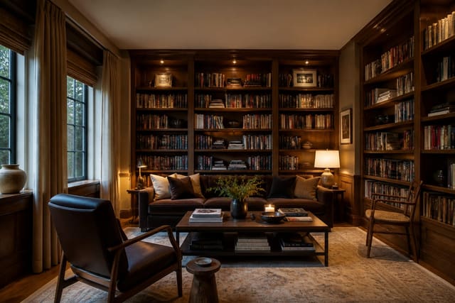 Editorial interior photograph showing home library ideas for a room built around your books in a real home library, with warm residential materials, layered lighting, functional furniture placement, and a magazine-quality composition.