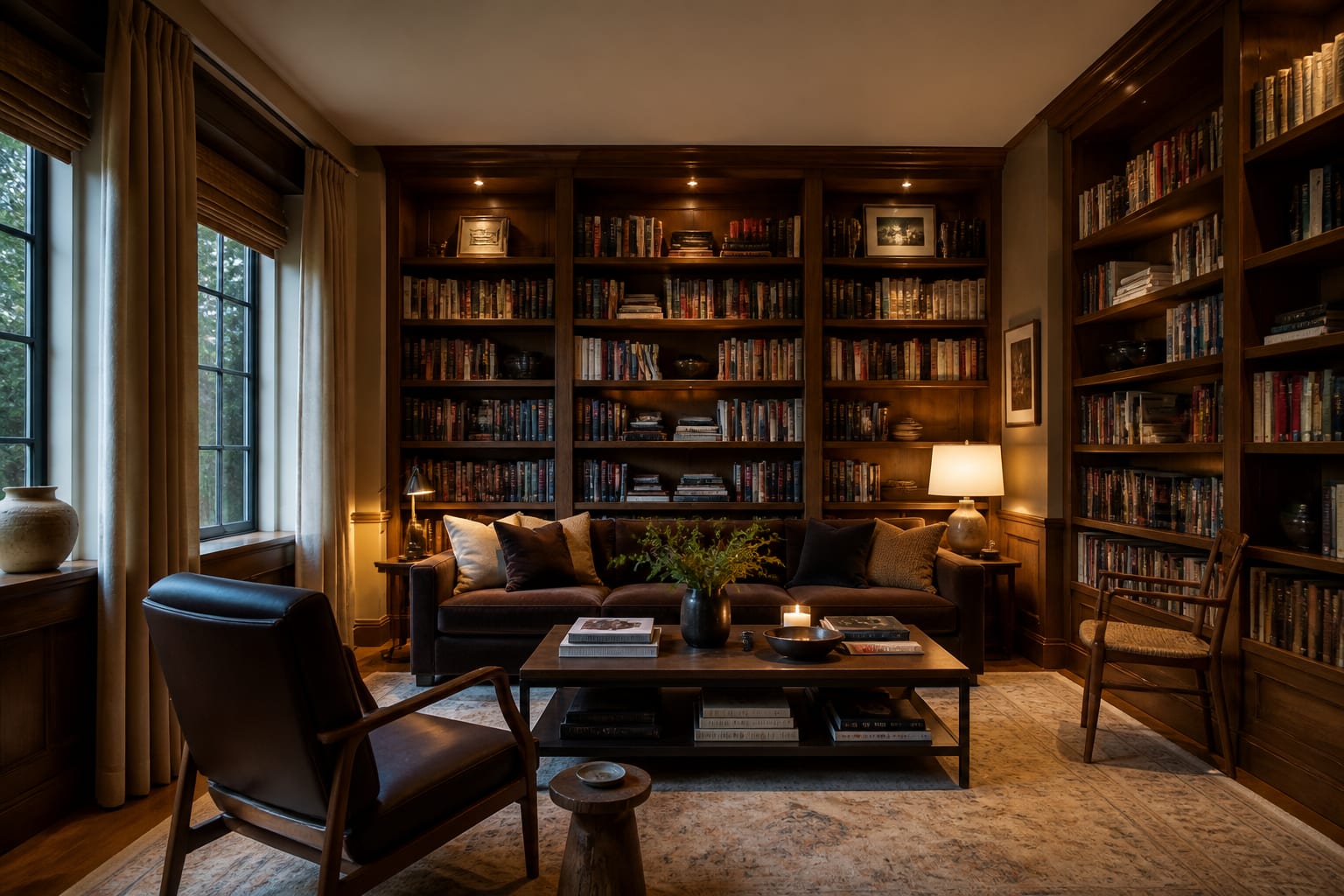 Editorial interior photograph showing home library ideas for a room built around your books in a real home library, with warm residential materials, layered lighting, functional furniture placement, and a magazine-quality composition.