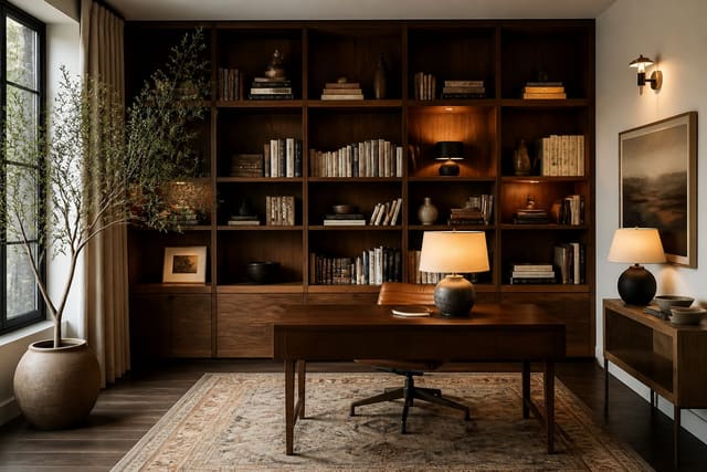 Home Office Bookcase Ideas in a home office, shown as a warm editorial Re-Design concept