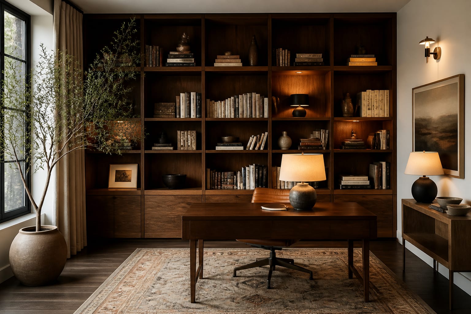 Home Office Bookcase Ideas in a home office, shown as a warm editorial Re-Design concept
