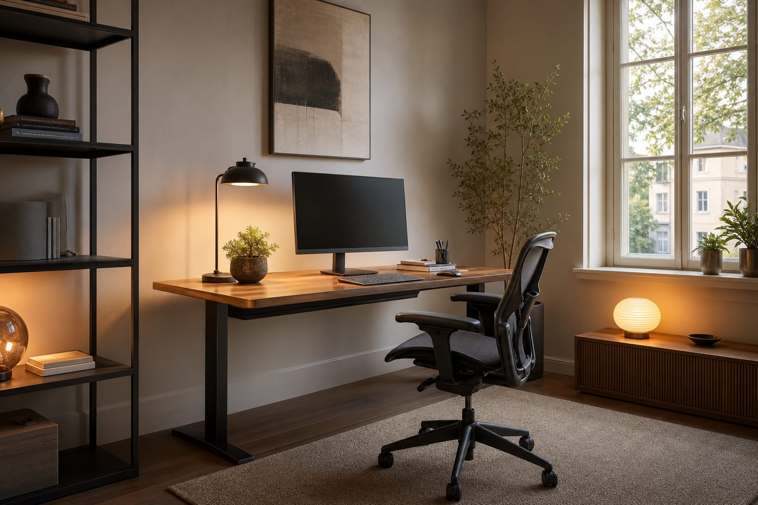 home office desk with hidden under-desk cable tray, wall raceway, warm task lamp, and clear floor around chair