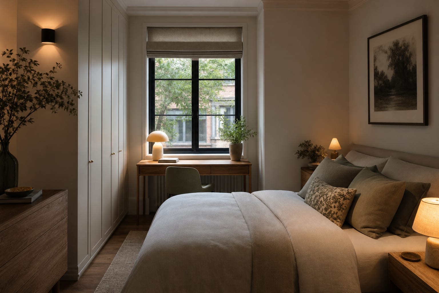 small bedroom with a slim desk by the window, calm bedding, closed storage, and warm bedside lamps